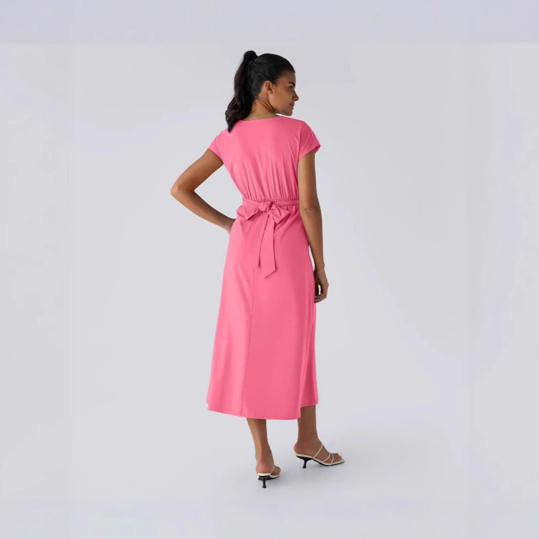 Solid Color Overlapping V-neck Short Sleeve Side Pocket Lace-up Quick-drying Mid-length Casual Dress