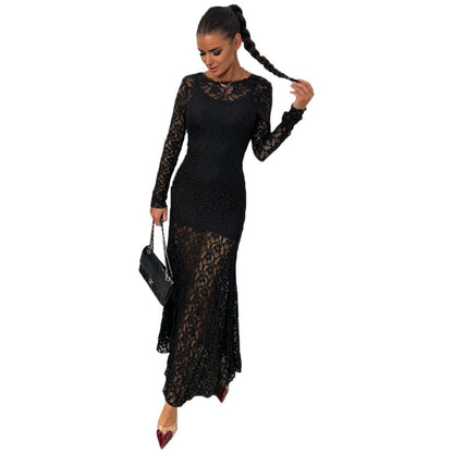 Sexy Backless Lace Long Sleeve Solid Color Strap Long Dress