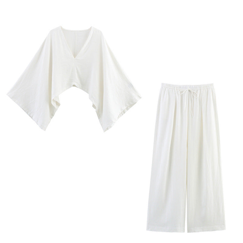 Asymmetric Linen Top Wide Leg Pants Two-piece Suit
