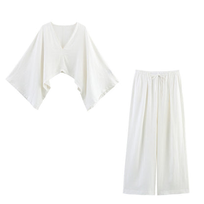 Asymmetric Linen Top Wide Leg Pants Two-piece Suit