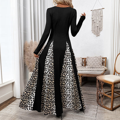 Elegant Retro Style Square Collar Long Sleeve Leopard Splicing Dress