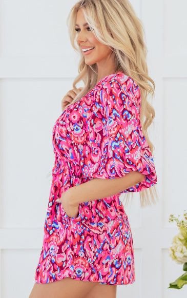 Abstract Print Puff Sleeve V Neck High Waist Romper