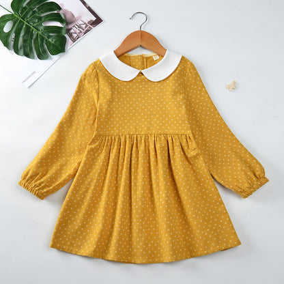 Cotton Cute Doll Collar Long Sleeve Pleated Princess Dress