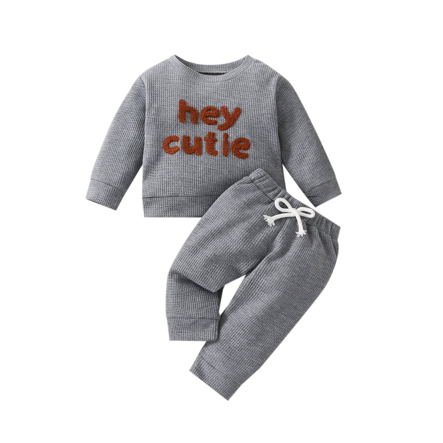 Waffle Solid Color Letter Long Sleeve Top Trousers Suit