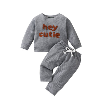 Waffle Solid Color Letter Long Sleeve Top Trousers Suit