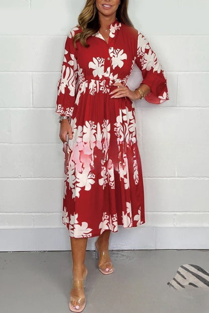 Elegant Printed Stand-up Collar Cinched Long Sleeve Dress