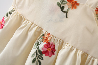 Full Body Embroidered Flowers Flounced Sleeve Cotton Dress