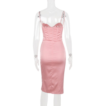 European And American Style Women's Clothing Slit Midi Skirt Fishbone Backless Slim Fit Sling Dress