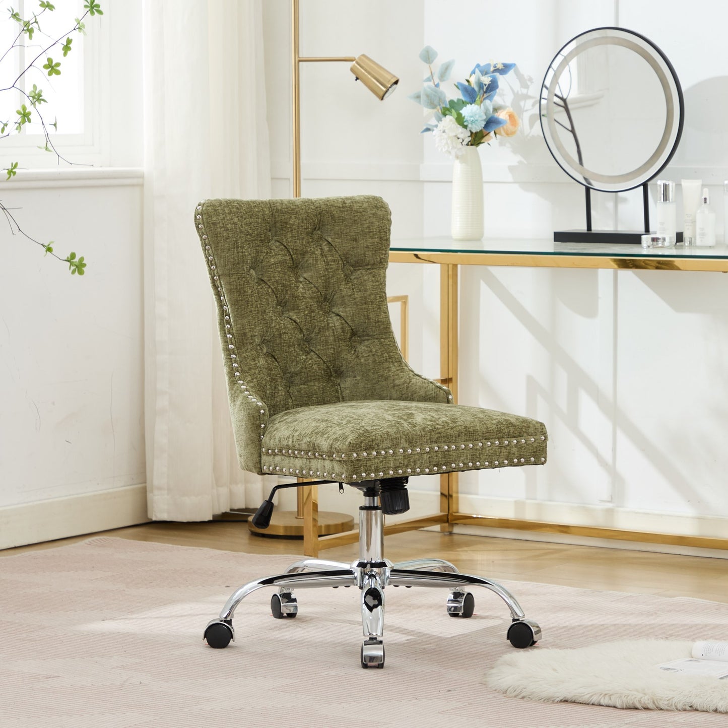 A&A Furniture Office Chair,Modern Chenille Upholstered Tufted Button Home Office Chair With Chrome Metal Base,Adjustable Desk Chair Swivel Office Chair Gree