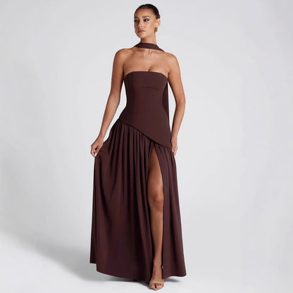 Fashion Sexy Backless Tube Top Pure Color Split Dress