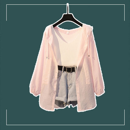 Retro New Age-reducing Sunscreen Shirt Denim Shorts Two-piece Suit