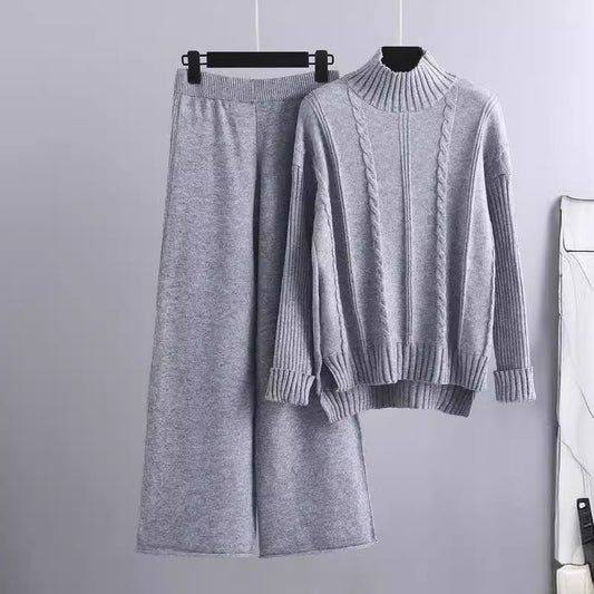 High-end Mock Neck Sweater Wide-leg Pants Suit Women