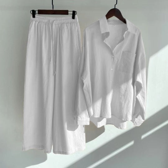 Women's 2-piece Retro Plus Size Cotton Linen Shirt Outfit High Waist Loose Trousers