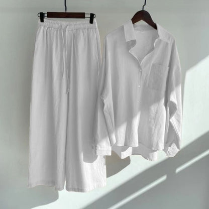 Women's 2-piece Retro Plus Size Cotton Linen Shirt Outfit High Waist Loose Trousers