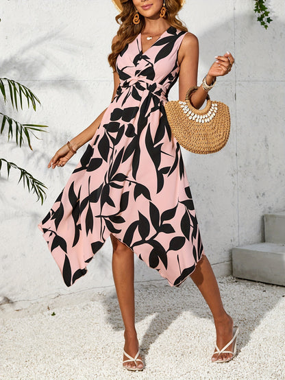 Leaf Print Twist Irregular Dress