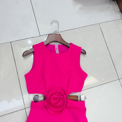 French Minority Vest Flower Midriff Outfit Hem Short Dress