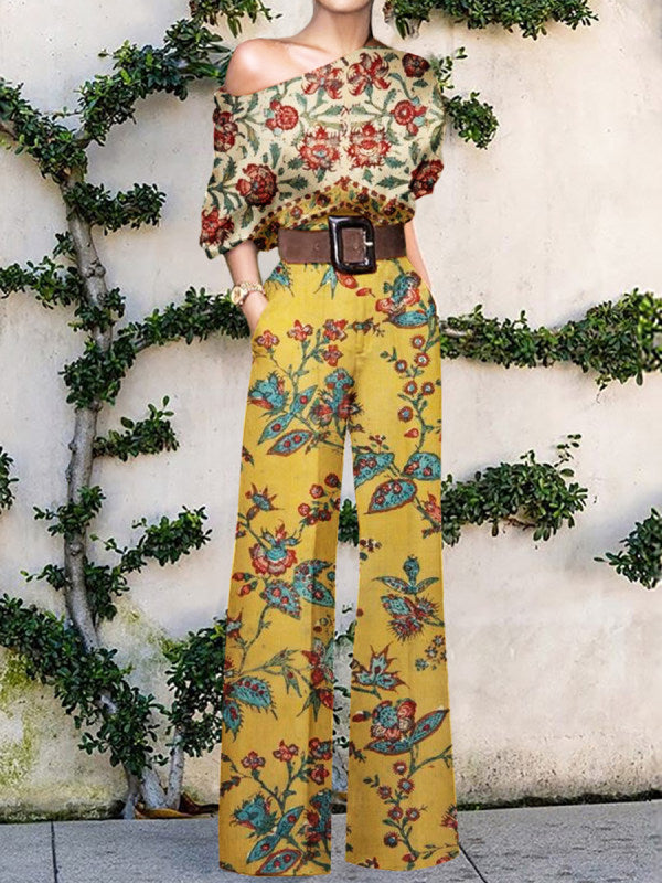 European American Fashion Floral Print One-shoulder High Waist Jumpsuit For Women