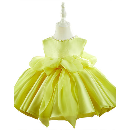 Yellow Mixed Satin Pearl Heavy Industry Pettiskirt Baby Birthday Party Dress