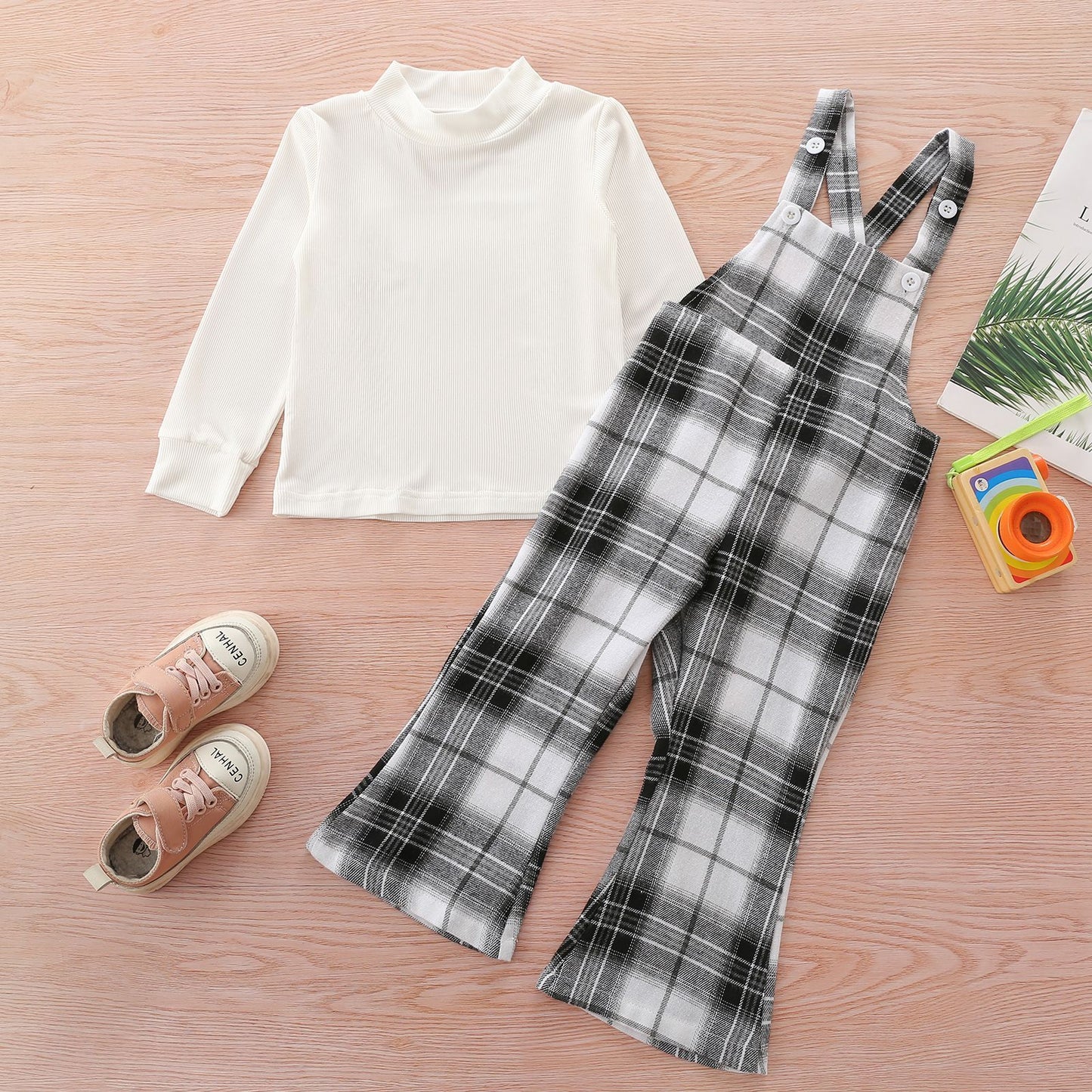 Two Piece Set Of Round Neck Top Plaid Suspender Trousers