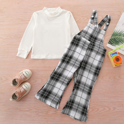 Two Piece Set Of Round Neck Top Plaid Suspender Trousers
