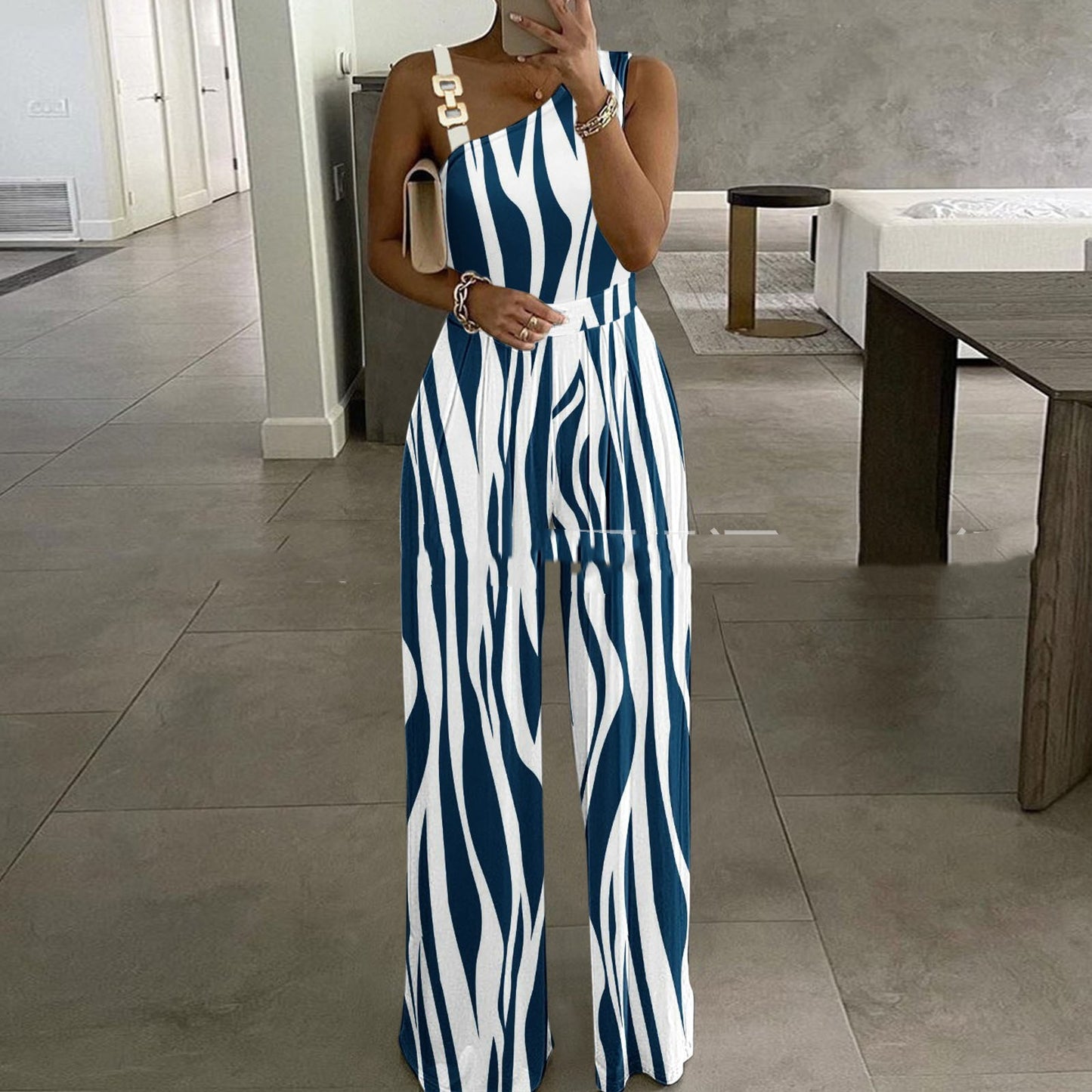 Women's Metal Buckle Vest Top High Waist Wide Leg Jumpsuit