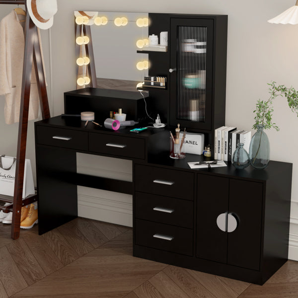 3-door, 4-drawer, Dressing Table, With Sockets, With Tri-tone Light Bulbs, With GRB Light Strip, Combination Cabinet