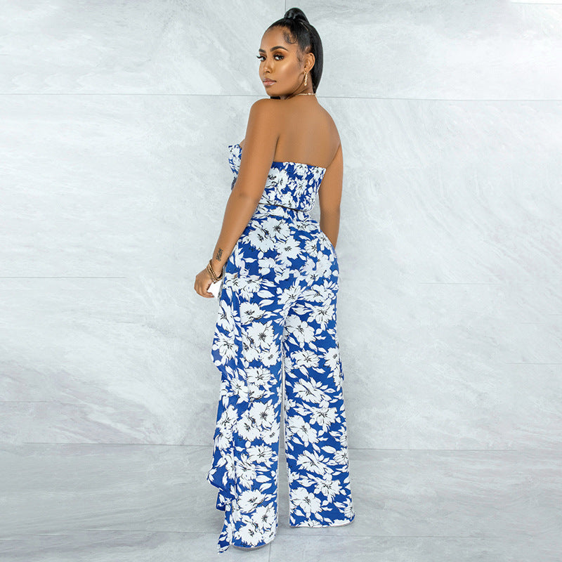 Women's Wide Leg Pants Suit With Printed Ruffled Bow