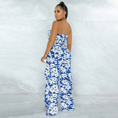 Women's Wide Leg Pants Suit With Printed Ruffled Bow