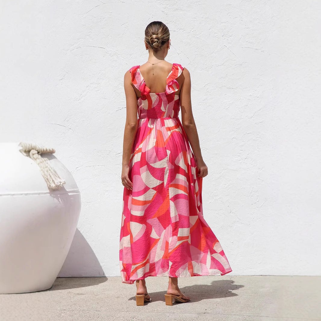 Women's Printed V-neck Large Swing Suspender Dress