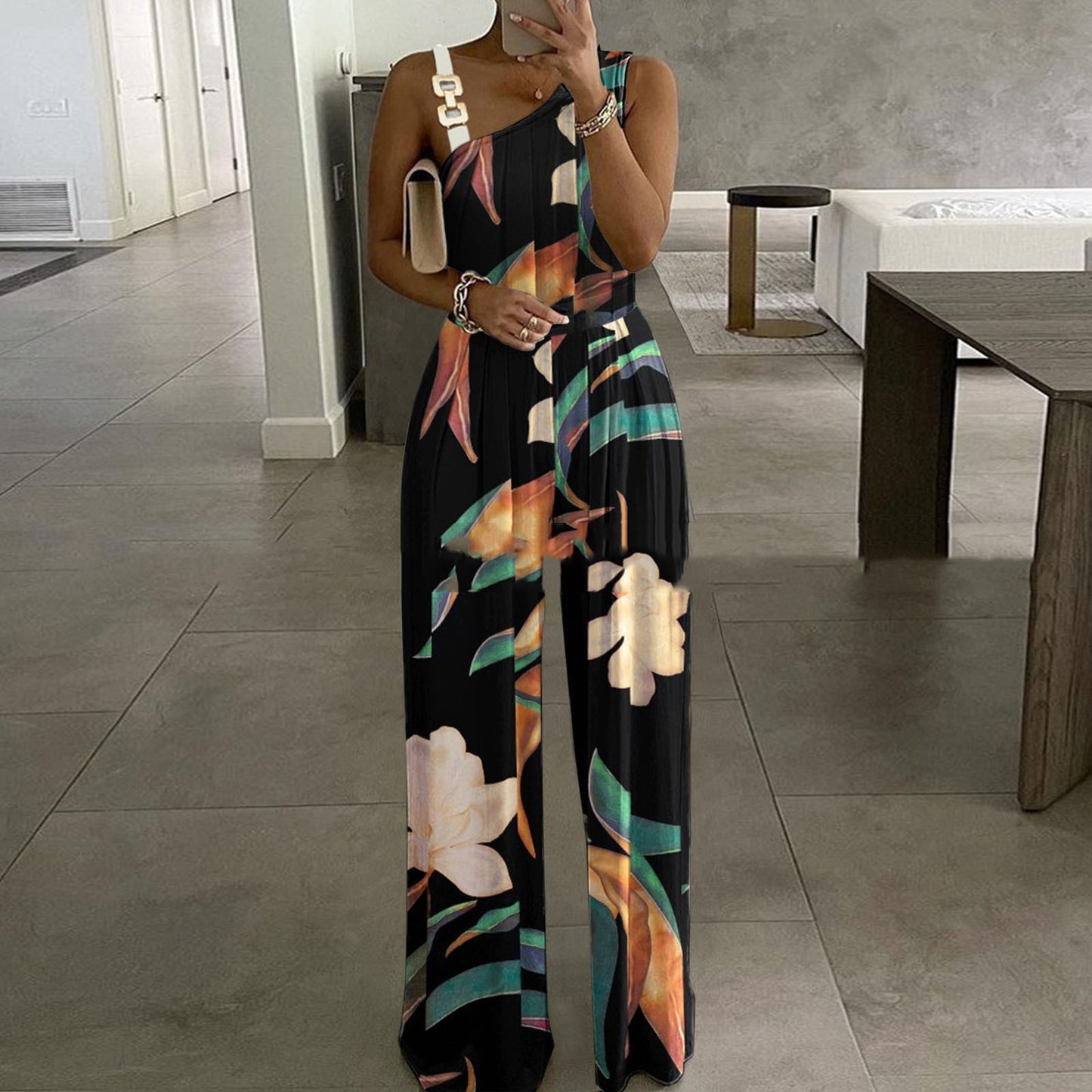 Women's Metal Buckle Vest Top High Waist Wide Leg Jumpsuit