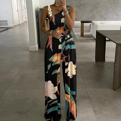 Women's Metal Buckle Vest Top High Waist Wide Leg Jumpsuit