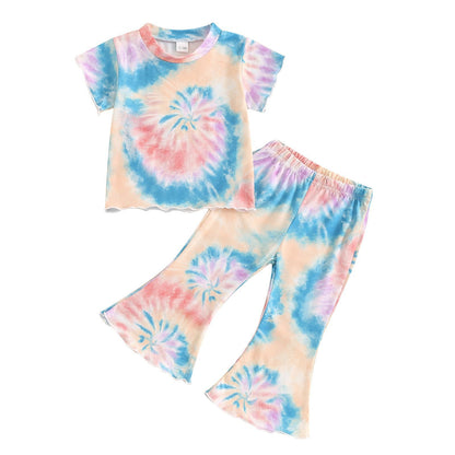 Girls' Tie-dye Peplum Top Bell-bottom Pants Suit