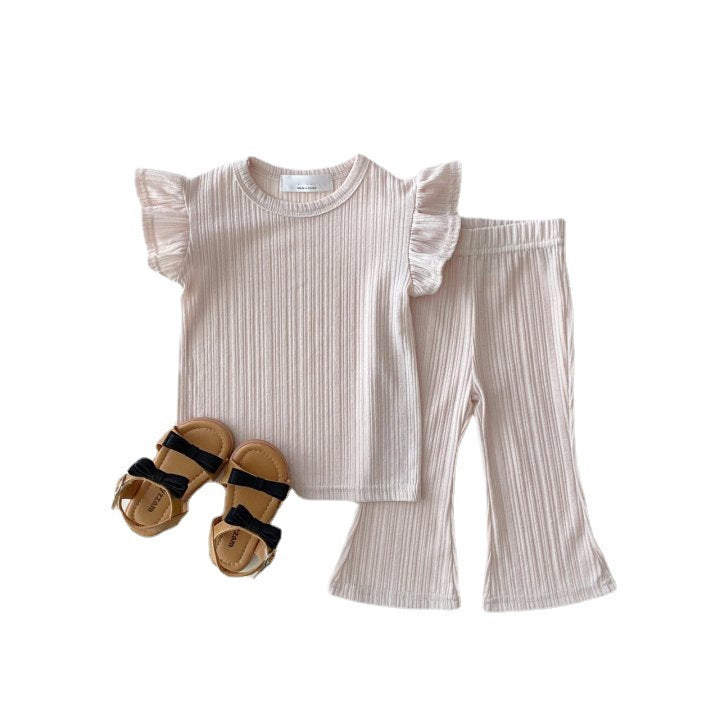 Korean Style Children's Clothing Thin Flounced Sleeve T-shirt Bell-bottom Pants Suit