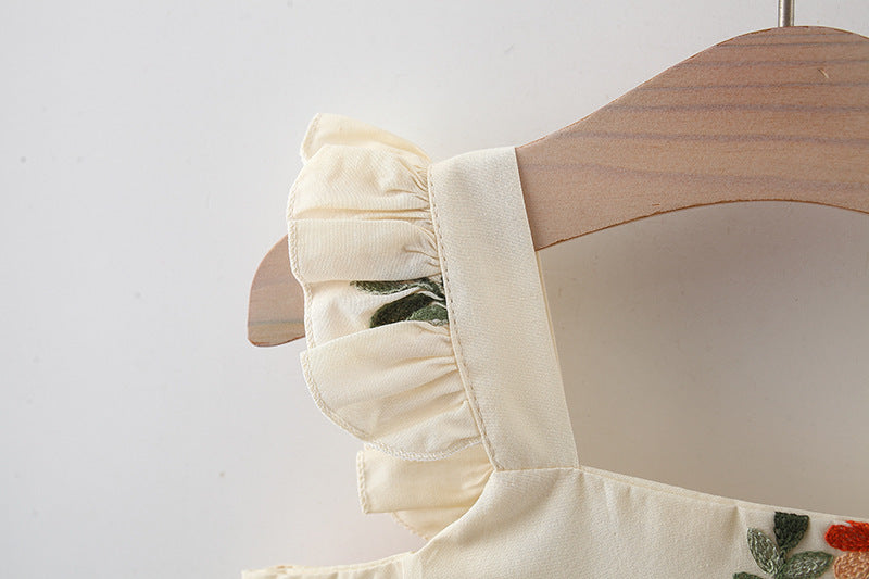 Full Body Embroidered Flowers Flounced Sleeve Cotton Dress