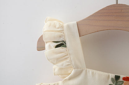 Full Body Embroidered Flowers Flounced Sleeve Cotton Dress