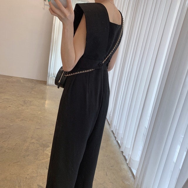 Women's Fashion Retro Temperament Square Collar High Waist Jumpsuit