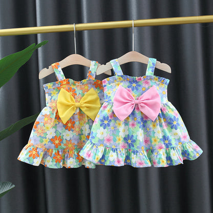 Girls' Printed Big Bow Suspender Dress