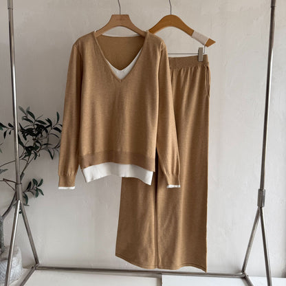 Autumn Winter Retro Fake Two-piece V-neck Fashion Knitwear Top