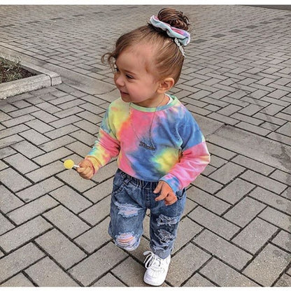 Rainbow Tie Dye Sweater  Cut Hole Jeans Set