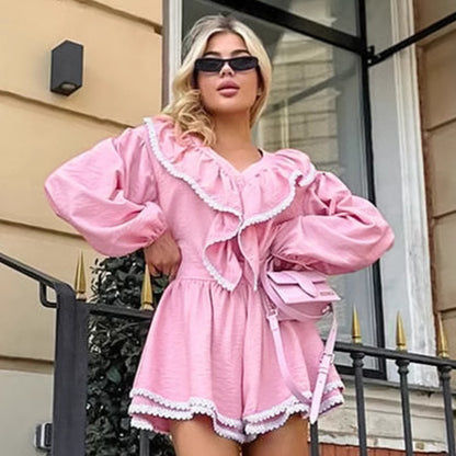 Layered Ruffled Lapel Lantern Sleeve Loose Two-piece Suit