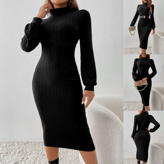 Women's Casual Fashion Solid Color Rib Fabric Turtleneck Long Sleeve Dress