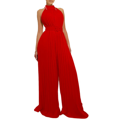 Solid Color Sleeveless Sexy Wide-leg Pleated Wide-leg Jumpsuit
