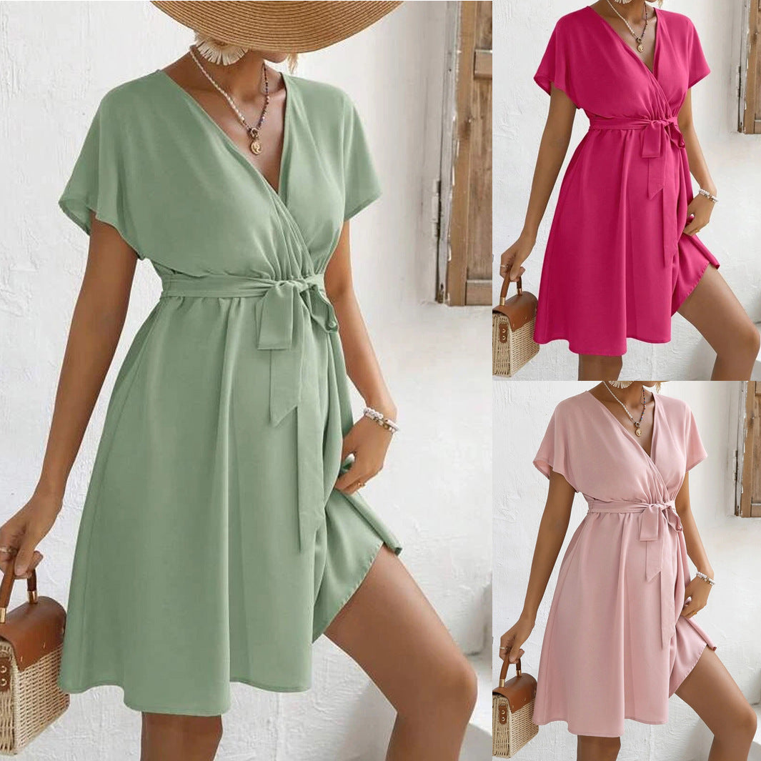 V-neck Batwing Sleeve Belt Decorative Casual And Comfortable Fashion Dress
