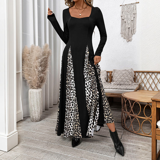 Elegant Retro Style Square Collar Long Sleeve Leopard Splicing Dress
