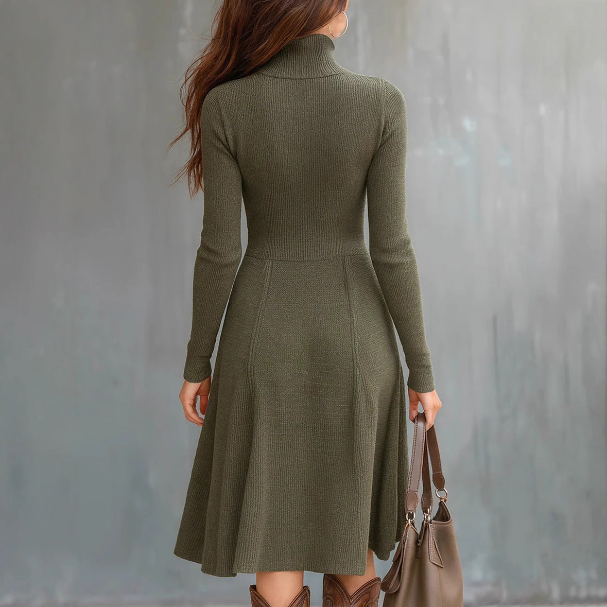 Zippered Pocket Long Sleeve Waist-cinching Dress