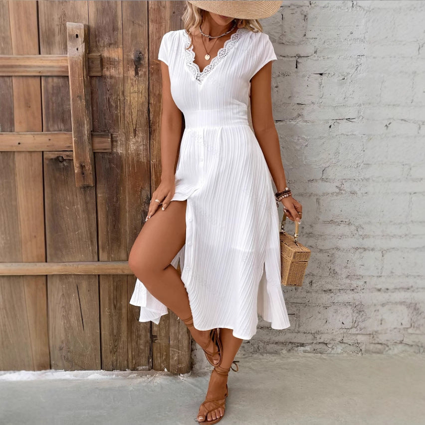 V-neck Lace Textured Shirt Fashion Dress Date Elegant Dress
