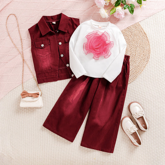 3D Floral Long-sleeved Top With Wide-leg Pants Fashion