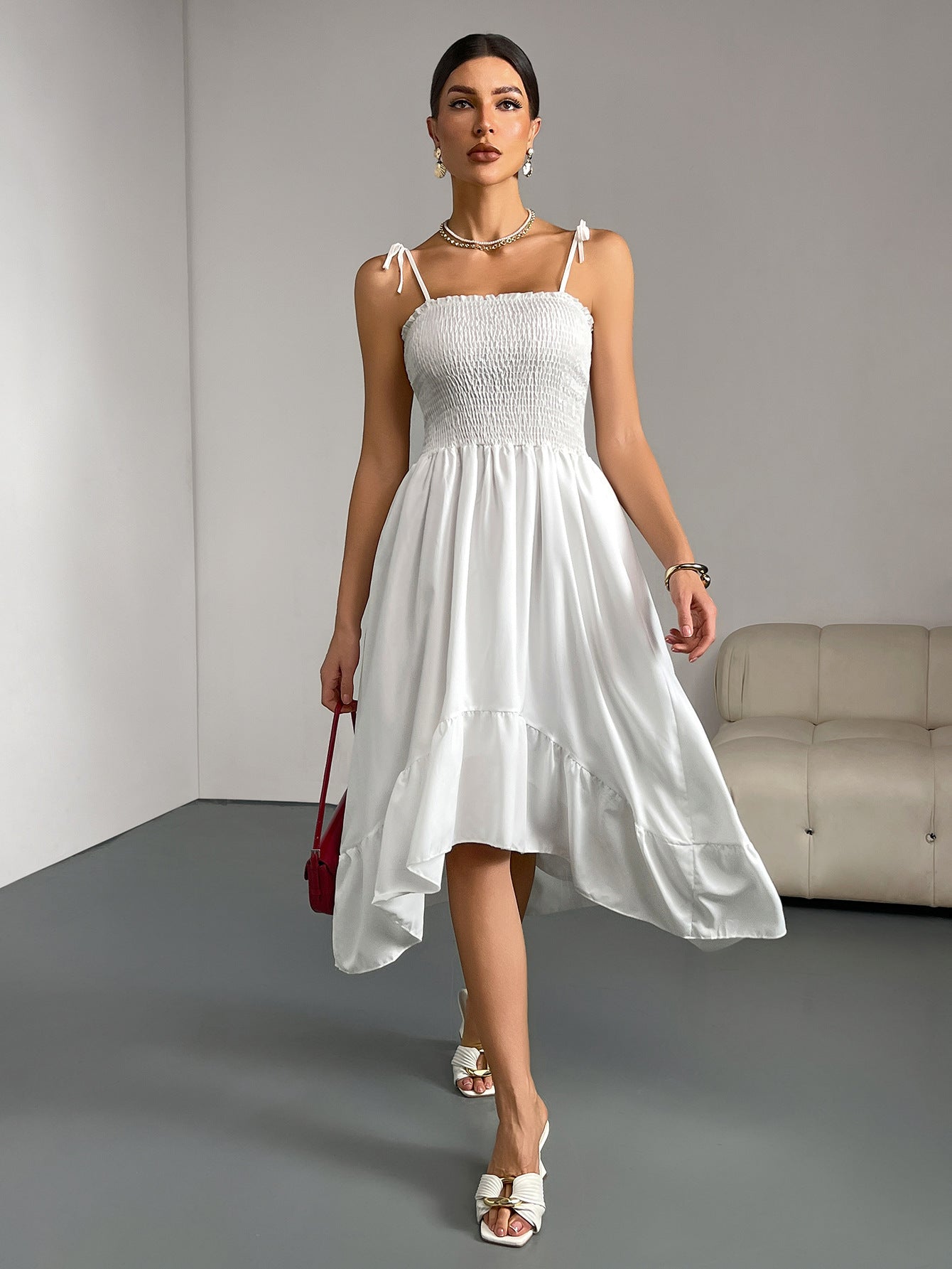 White Suspender Sleeveless Pleated Irregular Long Dress