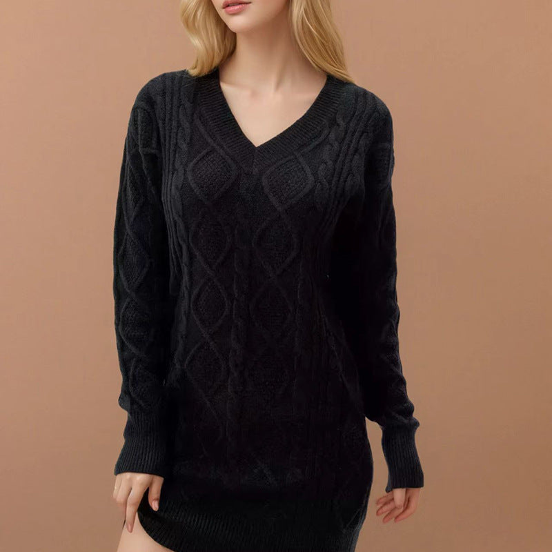 Mid-length Sweater V-neck Knitted Casual Twist Dress
