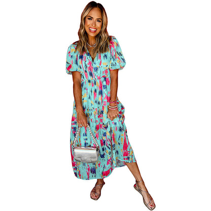 European And American Leisure All-match Multicolor Printed Cropped Dress